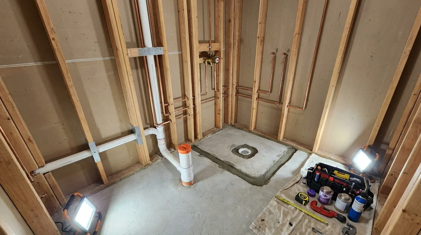 Bathroom rough-in plumbing during remodel by Johns Plumbing LLC in Grant City