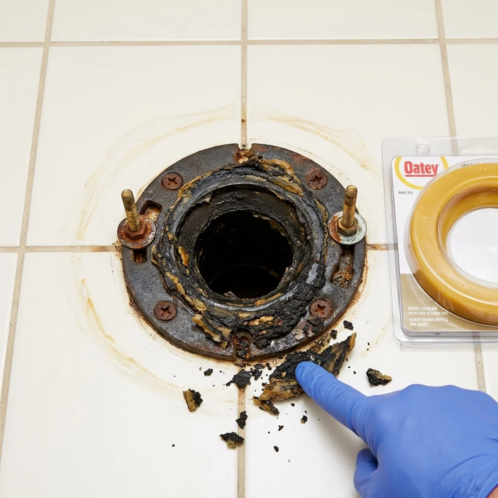 Failed wax ring showing water seepage at the base of a toilet in a Grant City, MO home